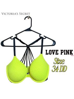💚 Victoria’s Secret PINK Neon Yellow Strappy Bra 34DD Y2K Bombshell